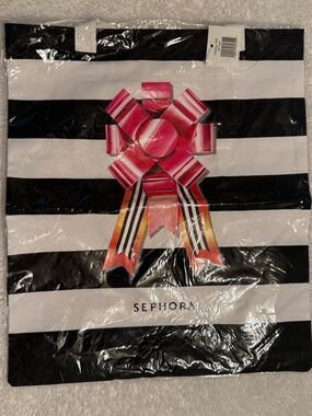 NWT Sephora Holiday Tote Gift Bag Black White Stripe Bow